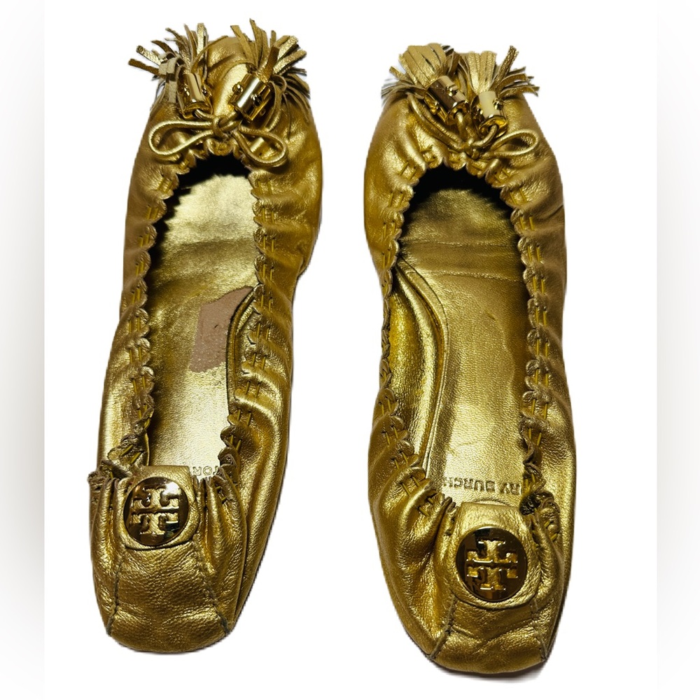 Tory Burch Reese Distressed Gold Tassel Leather Ballet Flats Size 8